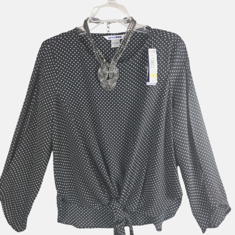 NWT, Nygard, Women's black top with white polka dots. Sz S/P